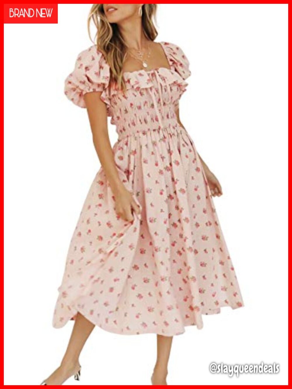 Cotton Midi Dress Puff Sleeve Floral Square Neck Boho Ruffle Ruched A-Line